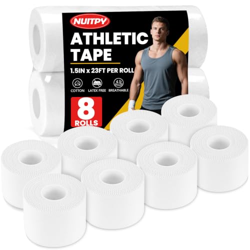 NUITPY 8 Pack Athletic Tape, White Sports Tape, Easy Tear Wrist Tape, Strong Adhesion Tapes for Boxing, Gymnastics, Hockey, Soccer, Lacrosse and First Aid(1.5in x 184ft Total) - color: White-8 Rolls