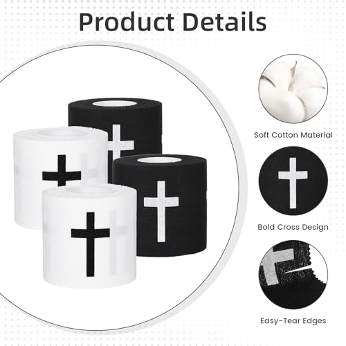 4 Rolls Wrist Tape Baseball with Cross 2in x 23ft Christian Cotton Wrist Wrap for Soccer Football Baseball Gymnastics Boxing Christian Church First Aid Injury Wrap(White+Black) - color: White+black