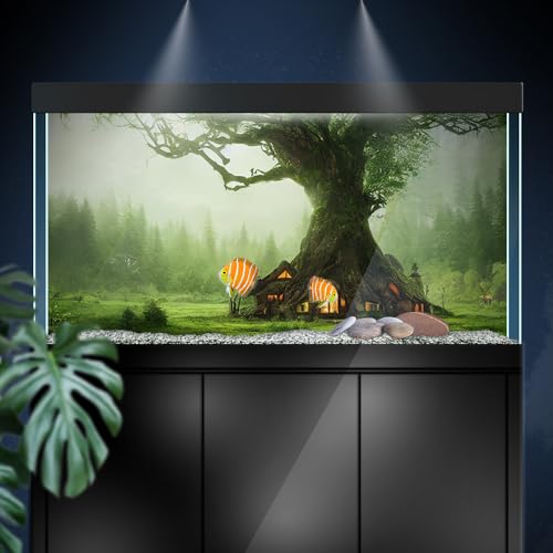 Aquarium Background Stickers - Tree Cabin Forest - Fish Tank Reptile Terrarium Decor Poster (60 x 40 cm / (23.6 x 15.7 inches)) - size: 60 x 40 cm / (23.6 x 15.7 inches)