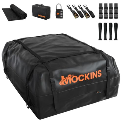 Mockins 16 Cu Ft Weatherproof No Rack Rooftop Cargo Carrier Bag 45"x34"x18" | Rooftop Cargo Bag for Top of Car | Car Topper Luggage Carrier Waterproof Set w/ Accessories | Vehicle Soft-Shell Carriers - size: Bag: 45"x34"x18"