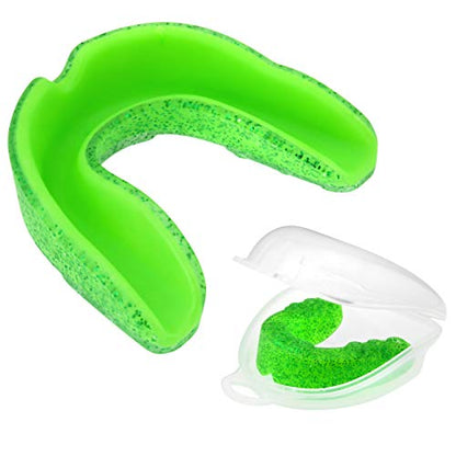 JS MMA Mouthguard Braces for Sports. BJJ, Boxing, Football, Ice and Field Hockey, Lacrosse, Basketball. Double Glitter Color Purple & Red, Custom Fit Youth and Adult, Unisex with Case (Green, Youth)