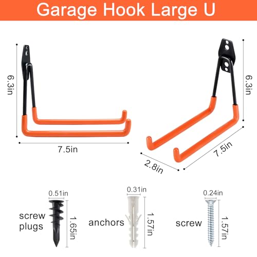 Aoben Heavy Duty Steel Garage Storage Hooks, Utility Tool Hangers and Combinable Wall Mount Hooks for Organizing Ladder, Hold Chairs, Heavy Tools (Large U, 4 Pack) - size: 4 X Large U hooks