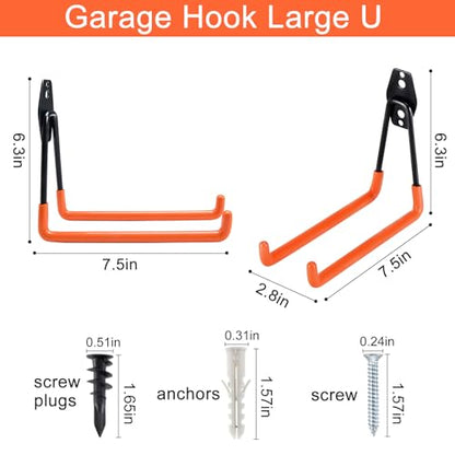 Aoben Heavy Duty Steel Garage Storage Hooks, Utility Tool Hangers and Combinable Wall Mount Hooks for Organizing Ladder, Hold Chairs, Heavy Tools (Large U, 4 Pack) - size: 4 X Large U hooks