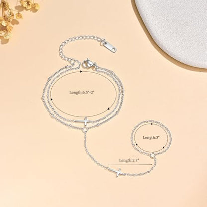 18K Gold Plated Small Cross Bracelet for Women | Tiny Cute Cross Bracelets | Beaded Bracelet | Hip Hop Knot | Hand Chain Bracelets | Gold Jewelry Gifts for Women - color: 2 Cross Hand Chain Silver