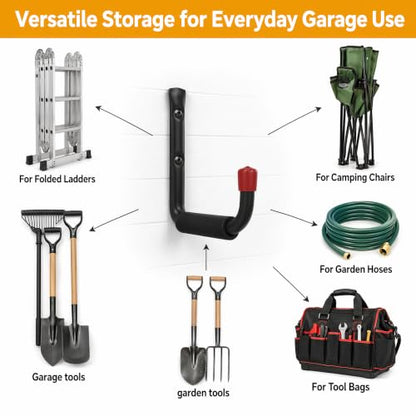 6 Pack Garage Hooks Heavy Duty, Utility Steel Hooks with EVA Foam Padding, 9.48inch Wall Mount J Organizer Hanger for Hanging Bikes Kayak Garden Tool Hose Bike Shelf - size: 9.48inch