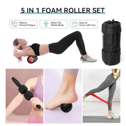 5 in 1 Foam Roller Set, High Density Patented Exercise Roller | Deep Tissue Massage Roller Stick, Massage Ball, Resistance Band for Pilates, Yoga, Whole Body Fitness Exercise, Black - color: Black