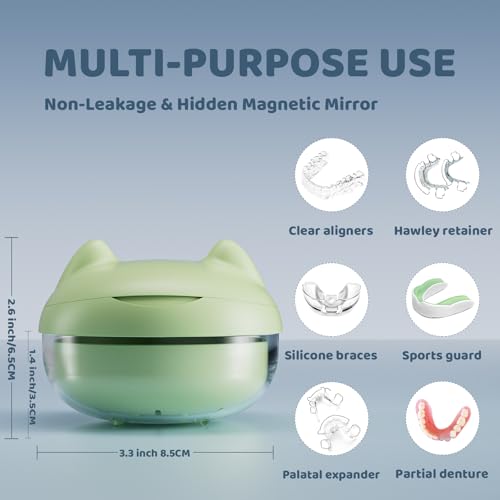 Retainer Case Denture Bath Case Basket Mirror Leak-proof Green Cat - color: Green Cat