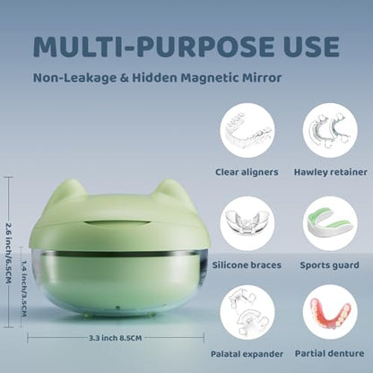 Retainer Case Denture Bath Case Basket Mirror Leak-proof Green Cat - color: Green Cat
