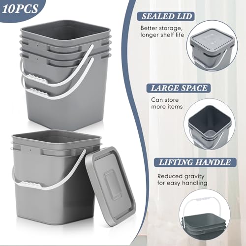10 Pcs 3.5 Gallon Square Food Grade Bucket with Lid Plastic Buckets Pail with Handle Lid Heavy Duty Buckets for Storing Dry Food Charcoal Camping Fishing(Grey) - color: Gray, style: Square