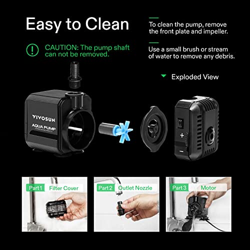 VIVOSUN 210GPH Submersible Pump(800L/H, 8W), Ultra Quiet Water Pump with 3.3ft High Lift, with 5ft Power Cord, 2 Nozzles for Fish Tank, Pond, Aquarium, Statuary, Hydroponics Black (Pack of 2) - size: 210GPH (Pack of 2)