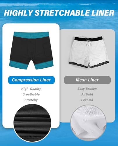 Gleeease 5 Inch Mens Swim Trunks with Compression Liner Men's Bathing Suit - color: Bluish Green, size: Small