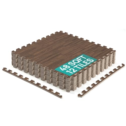 Yes4All EVA Interlocking Mats, Puzzle Floor Tiles, Foam Floor Padding with Border for Furniture, Home Space, Living Room, Garage - color: G. 48 Square Feet (12 Tiles) - Dark Oak Wood