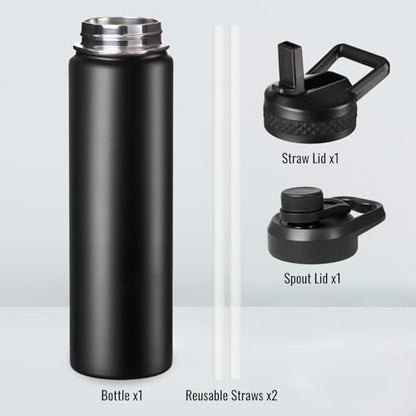 Fijinhom 24 oz Insulated Water Bottle with Handle, 304 Stainless Steel Water Bottles with 2 Lids, Double Wall Vacuum Sports Water Cup with Straw, BPA Free, Keep Cold and Hot, Black - color: 2 Lids - Black, size: 24 Ounces