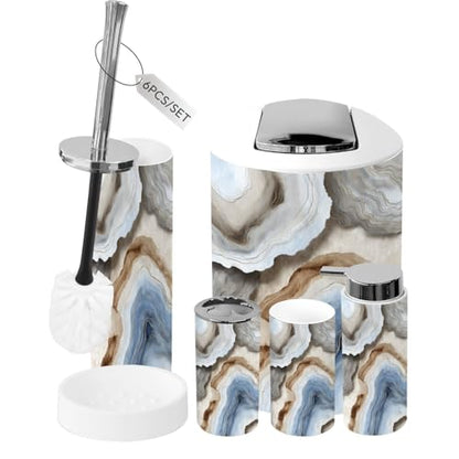 Bathroom Accessory Set 6 Piece Blue Marble Grey Gold Abstract Trash can, Toothbrush Holder, Toothbrush Cup, Soap Dispenser, Soap Dish, Toilet Brush Holder - color: Color5
