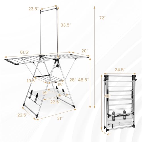 Tangkula 2-Layer Stainless Steel Drying Rack, Foldable Laundry Rack w/ 1 Hanging Bar & 2 Height-Adjustable Wings, 23 Drying Rails, Netting Clothe Drying Rack, No Assembly Required - size: 61.5" x 23.5" x 72"