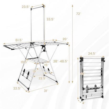 Tangkula 2-Layer Stainless Steel Drying Rack, Foldable Laundry Rack w/ 1 Hanging Bar & 2 Height-Adjustable Wings, 23 Drying Rails, Netting Clothe Drying Rack, No Assembly Required - size: 61.5" x 23.5" x 72"