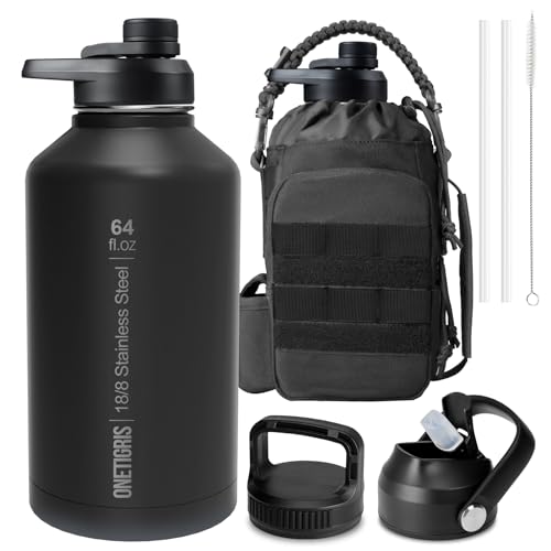 ONETIGRIS 64oz Tactical Insulated Water Bottle with 3 Lids & MOLLE Pouch - color: Black