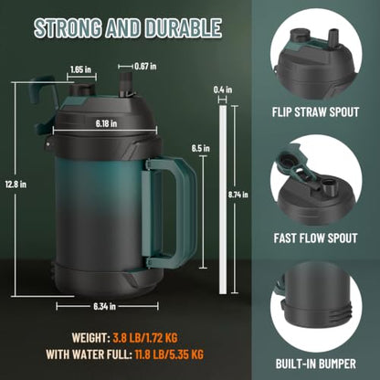 Zukro 1 Gallon Insulated 18/8 Stainless Steel Water Jug, Keep Cold 48 Hrs - color: Gradient Cyan