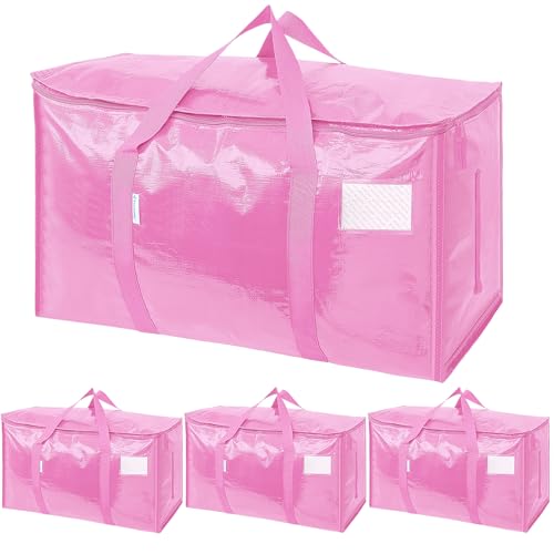 TICONN 4 Pack Extra Large Moving Bags Heavy Duty with Zippers & Carrying Handles, Durable Storage Bags Moving Boxes for Closet Organizers and Storage (4 Pack, Pink) - color: Pink, size: 4 Pack