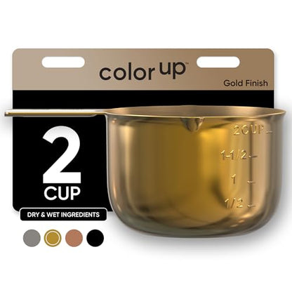 2 Cup Measuring Cup (480ml, 16oz) – Gold Stainless Steel Measure Scoop with Easy-Pour Spouts, Flat Base, by Color Up - size: 2 Cup (480 ml) Gold