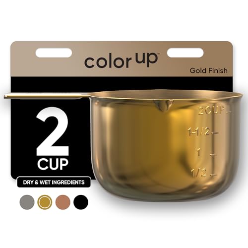 2 Cup Measuring Cup (480ml, 16oz) – Gold Stainless Steel Measure Scoop with Easy-Pour Spouts, Flat Base, by Color Up - size: 2 Cup (480 ml) Gold