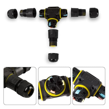 5 PCS IP68 Waterproof Cable Connectors, T-Shape Junction Box 3-Pin Earth Cable Connection Sleeve for Ø5-12mm Cable Diameter, Nylon Material