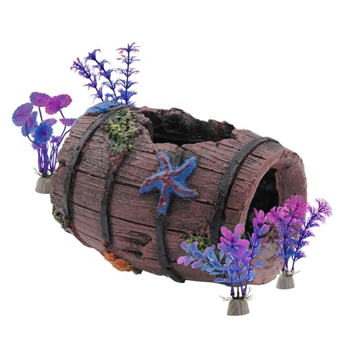 Aquarium Decor for Betta Fish Tanks, Tank Accessories, Starfish Barrel x 1 pcs, Aquarium Plants x 4 pcs