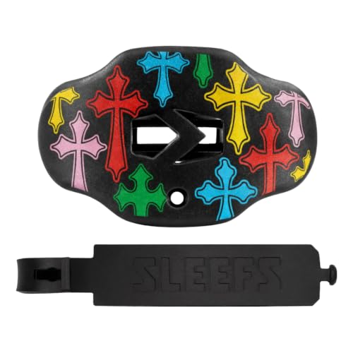 SLEEFS Classic Football Mouthguard with Bold Designs and Removable Strap - color: Crosses Chroma Black