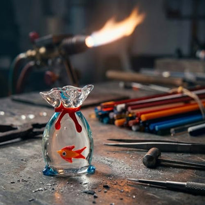 Hand-Blown Glass Goldfish in Bag Figurine, 2" Miniature Red/Orange Fish with Clear Water Texture, Cute Lampwork Animal Sculpture, Kawaii Desk Accessory & Aquarium Decor