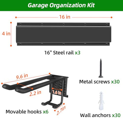 PIYILO 48 in Garage Tool Organizer Wall Mount, Adjustable Tool Storage Rack | Heavy-duty 360 LBS, Double-Layer Hooks, Wear & Tear Resistant, Soft Anti-Scratch Hook Sleeves, For Yard Tools, Shovels, Shed - size: 48 inch Double-Layer 6-Hook