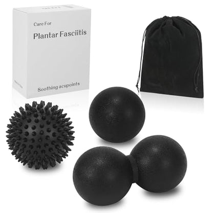 3-in-1 Massage Ball Set, Peanut Ball, Spiky, Lacrosse for Plantar Fasciitis | Includes peanut, spiky & lacrosse balls. For yoga, myofascial release, deep tissue massage, back neck shoulder pain relief.
