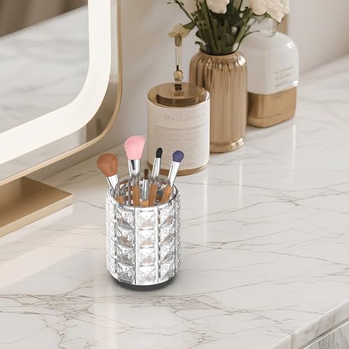Makeup Brush Holder with Silver Crystal Bling – Elegant Vanity Organizer for Brushes, Pens & Pencils, Ideal for Bathroom or Office Countertop(1Pack)