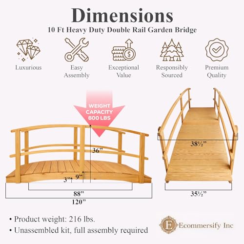 10 FT NATURAL Amish Made Garden Bridge with DOUBLE RAILS for Walkway, Backyard Pond & Landscaping, Outdoor Wooden Footbridge for Koi Pond, Japanese Style Decorative Bridge, Made in USA