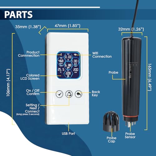 7 in 1 Smart Water Quality Tester, Wireless WiFi Water Monitor Measures pH/ORP/TDS/EC/Salinity/SG/TEMP, Water Quality Meter with App Connection Real-Time Alerts for Aquarium, Saltwater Fish Tank, etc.