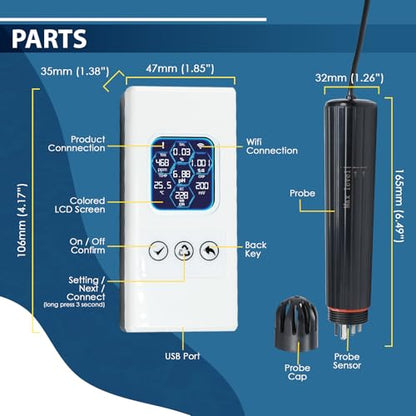 7 in 1 Smart Water Quality Tester, Wireless WiFi Water Monitor Measures pH/ORP/TDS/EC/Salinity/SG/TEMP, Water Quality Meter with App Connection Real-Time Alerts for Aquarium, Saltwater Fish Tank, etc.