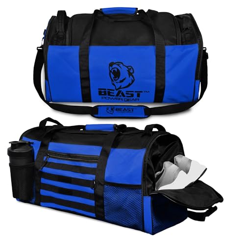 Gym Duffle Bag- Workout, Boxing, MMA, Sports Bag with Shoes Compartment and Adjustable Shoulder Strap for Men and Women (Blue/Black) - color: Blue/Black