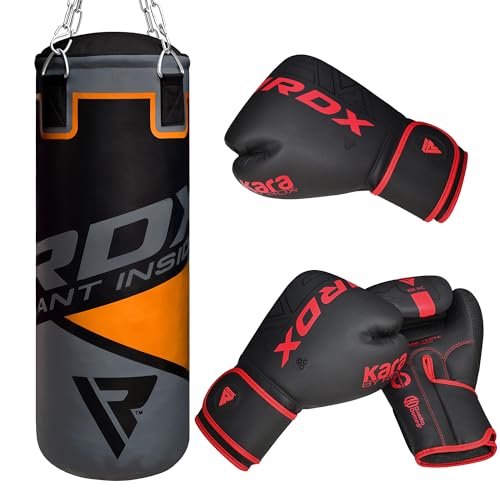 RDX Youth Punching Bag 2FT with Punch Gloves, Unfilled Boxing Set, Non Tear Maya Hide Leather Junior Hanging Bag, Kickboxing MMA Grappling Muay Thai Karate Taekwondo BJJ Training - color: Orange