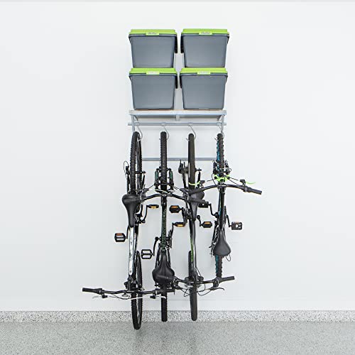220862 32 Inch Wide Wall Mounted Utility Storage Organization Rack with 4 Bike Hooks and 20 Inch Deep Top Shelf, White