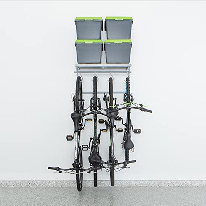 220862 32 Inch Wide Wall Mounted Utility Storage Organization Rack with 4 Bike Hooks and 20 Inch Deep Top Shelf, White