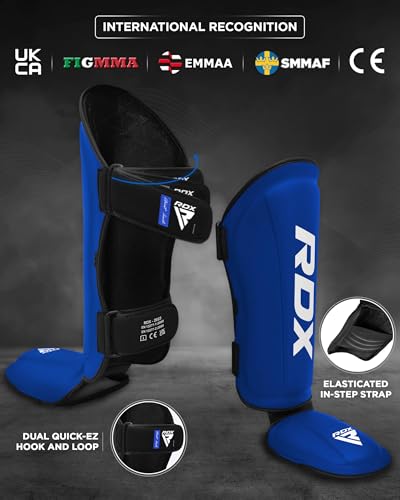 RDX Shin Guards Kickboxing Muay Thai, SATRA SMMAF Approved, Premium Maya Hide Leather, Leg Instep Protection Pads, MMA Martial Arts Kicking Sparring Training Gear, BJJ Karate Boxing Taekwondo, Black - color: Blue, size: Large