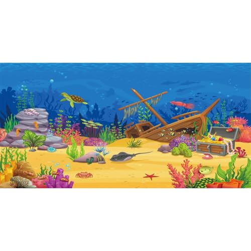 AWERT 60x24 inchesCartoon Underwater Landscape Aquarium Background Tropical Coral Reef Sea Animals Terrarium Background Deep Blue Ocean Fish Crab Treasure Chest Sea Turtle Fish Tank Backdrop - size: 60x24in/150x60cm