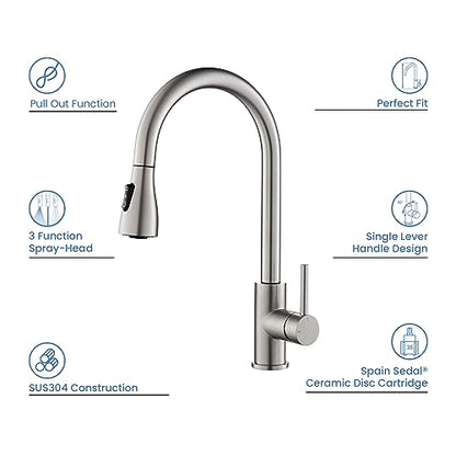 Single Handle Pull Down Kitchen Sink Faucet with Dual Function Sprayer – Solid Brass Construction, High Arc 360 Degree Swivel Spout Kitchen Faucet, Easy-Clean Nozzles (Brushed Nickel, F102)