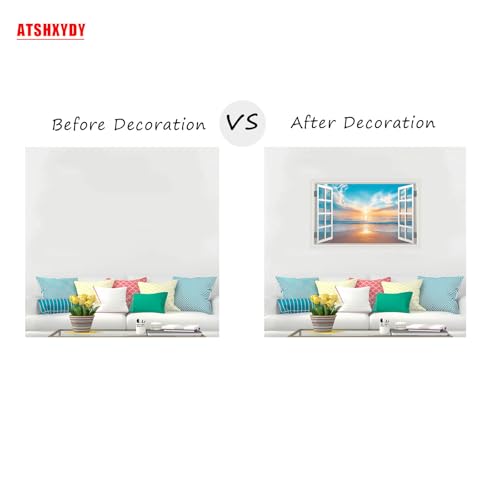 Fake Window Wall Sticker Summer Sunset Seascape Ocean Beach Faux Window Poster Decal Picture Open Wall Art Decor, Stick and Peel Landscape Natural Scenery Canvas Scene Mural,16"x24"
