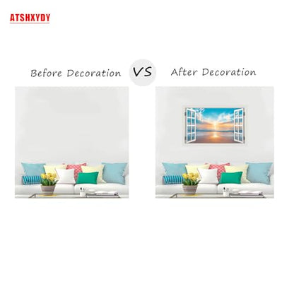 Fake Window Wall Sticker Summer Sunset Seascape Ocean Beach Faux Window Poster Decal Picture Open Wall Art Decor, Stick and Peel Landscape Natural Scenery Canvas Scene Mural,16"x24"