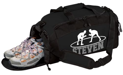 Personalized Wrestling Duffel Bag with Shoe Compartment – Custom Name Wrestling Gear Bag – Athlete Gym Bag for Boys & Girls – Team Travel Sports Duffel with Separate Shoe Pocket - color: Black, style: Wrestling