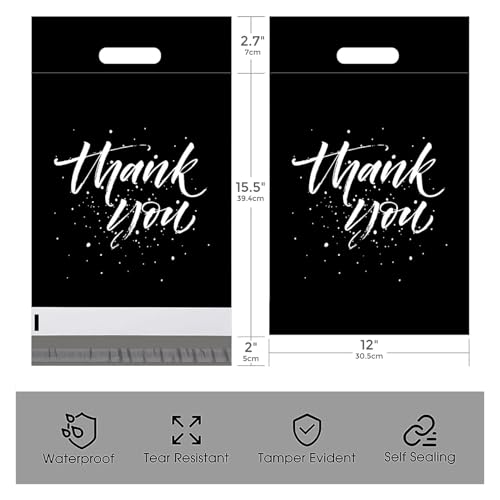 Metronic Thank You Poly Mailers 12x15.5 100 Pcs, Easy to Carry Shipping Bags with Handle, Self Seal Mailers Poly Bags for Small Business Packing and Shipping, Cute Package Bags Mailing Bags, Black - color: Black, size: 12X15.5" 100PC