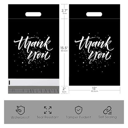 Metronic Thank You Poly Mailers 12x15.5 100 Pcs, Easy to Carry Shipping Bags with Handle, Self Seal Mailers Poly Bags for Small Business Packing and Shipping, Cute Package Bags Mailing Bags, Black - color: Black, size: 12X15.5" 100PC