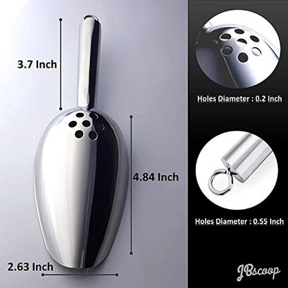JBscoop Ice Scoop with Holes. Stainless Steel Ice Scoop with Drain Holes to Reduce Unwanted Dilution. Heavy Duty and Dishwasher Safe. Six Ounce Capacity. - size: 6 Oz
