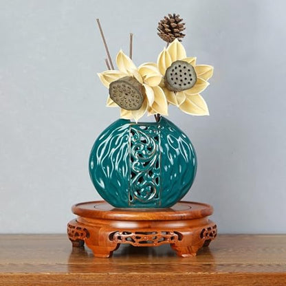Round Wooden Display Stand With Cattail Mat, Retro Carved Pedestal Base For Vase, Teapot, Buddha, Bonsai Pot(22.5cm/8.8in) - size: 22.5cm/8.8in