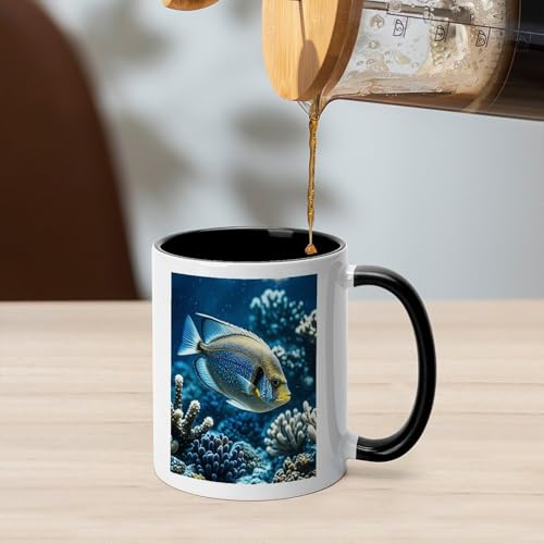 Ocean Fish Ceramic Coffee Mug 11oz with Black Handle Colored Inside Thick Non-Slip Base Heat Transfer Friendly Tea Cup Ideal for Hot Drinks Home Office And Gifting